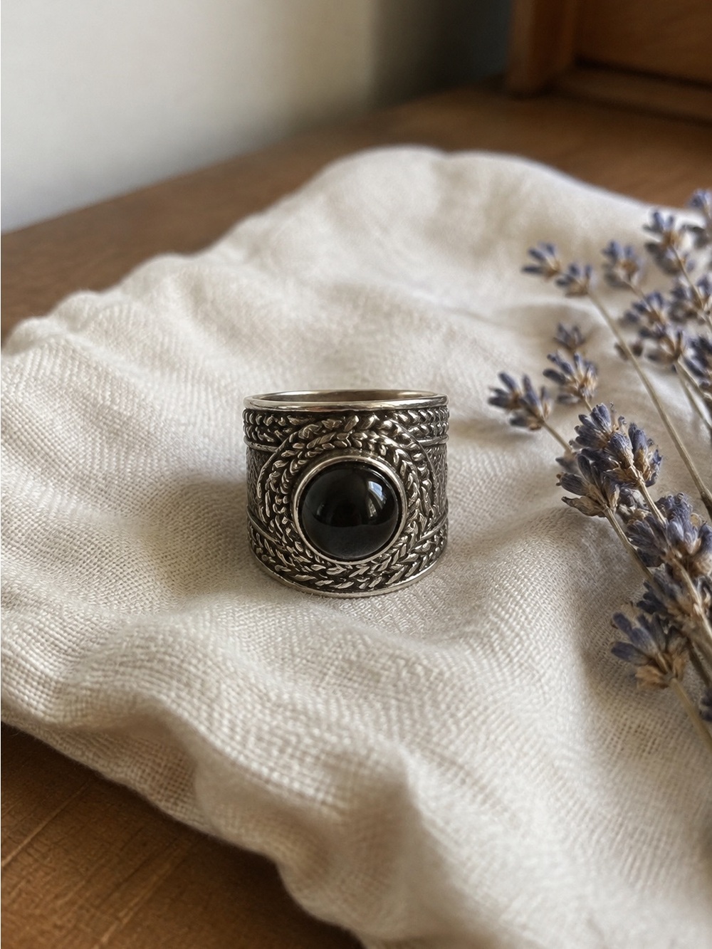 Sterling-Style Black Onyx Statement Ring - Wide Band